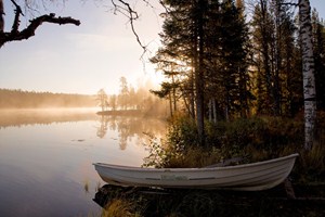 Ráno na břehu jezera ve finské tajze